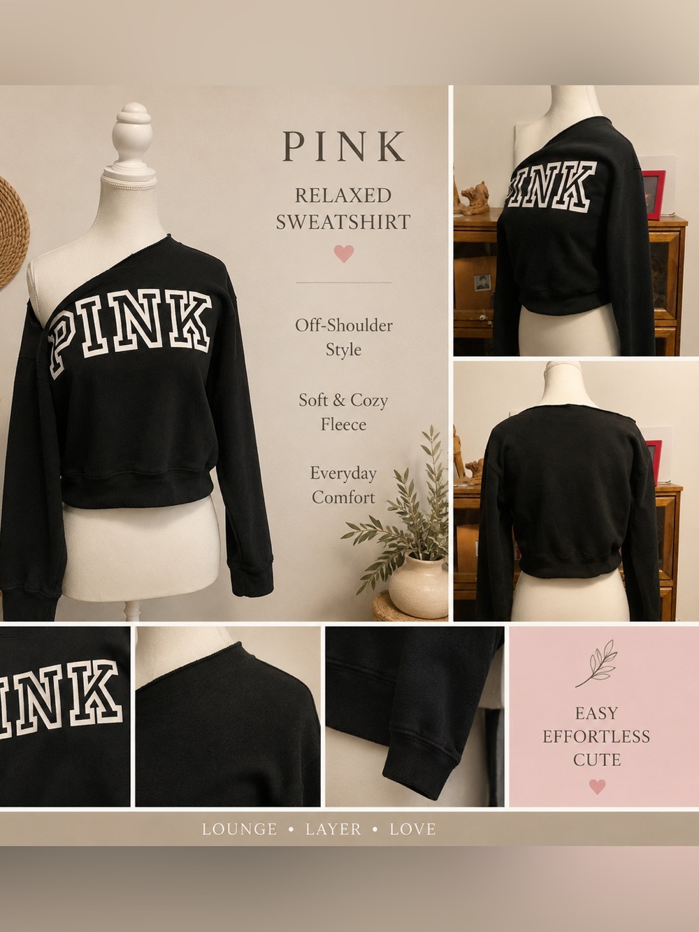 PINK Victoria’s Secret XS Off Shoulder Cropped Sweatshirt Black
